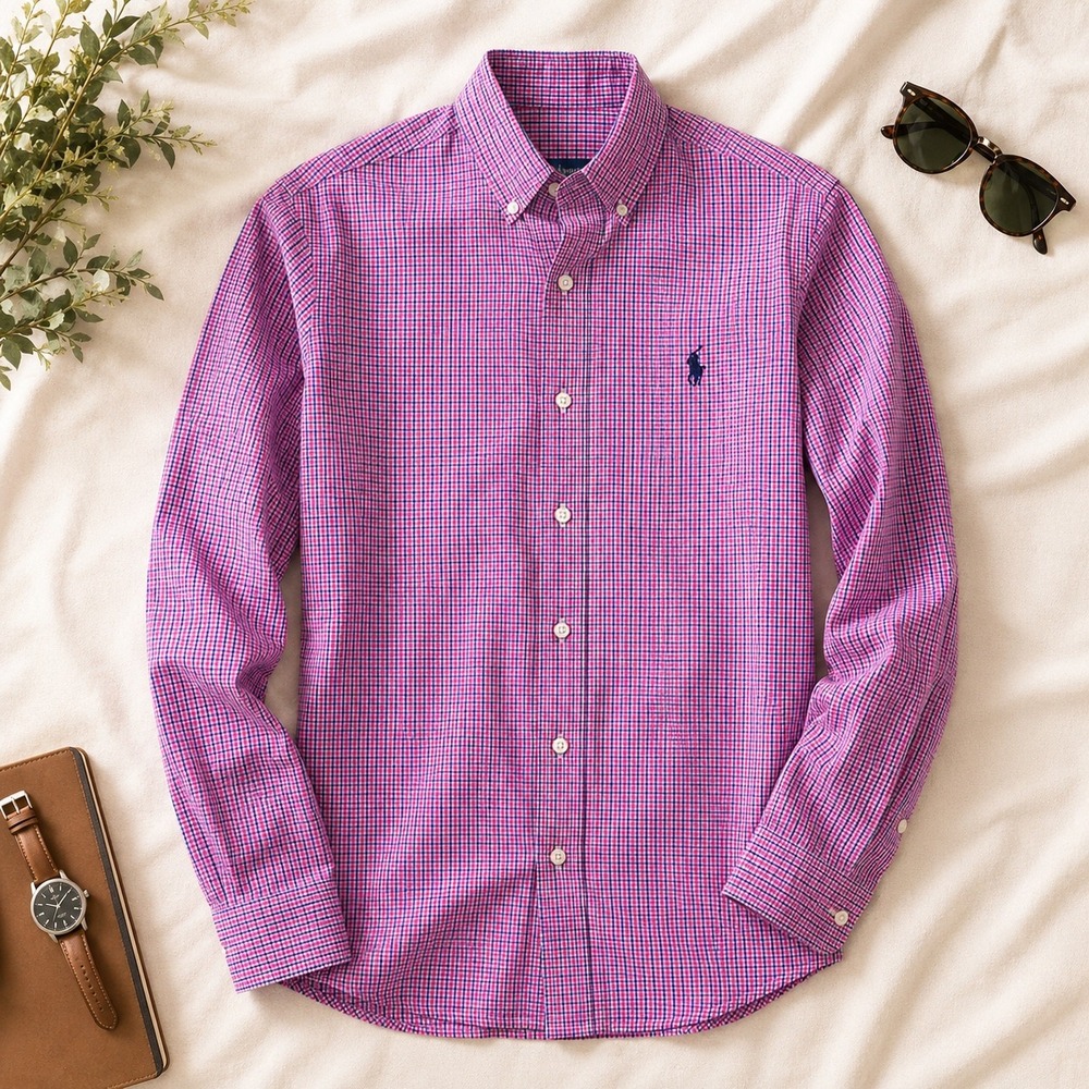 Ralph Lauren Mens Custom Fit Plaid Button Down Shirt Pink Blue 15.5 32/33 Cotton